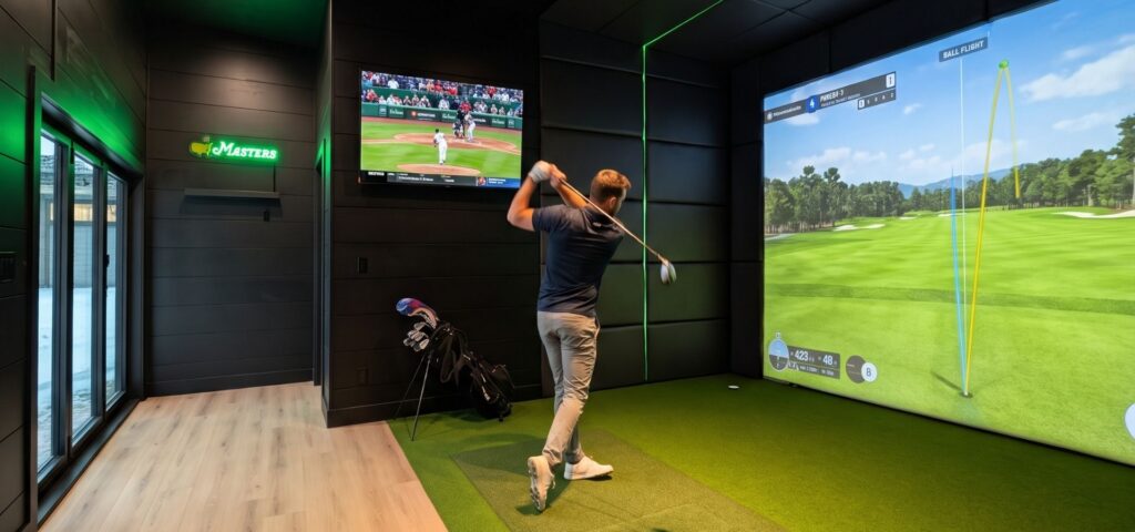 Custom indoor golf simulator shed interior with impact screen and artificial turf 11 foot ceilings.